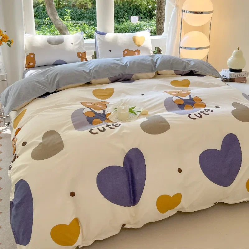 Kawaii Bear Printed Bedding Set - Cute Dog Floral Duvet Cover