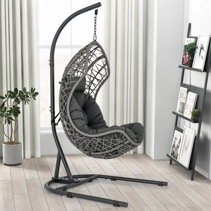 Egg Chair with Stand PE Rattan Swing Hammock Chair with Pillow and Cushion-Gray - Gray - Hammocks