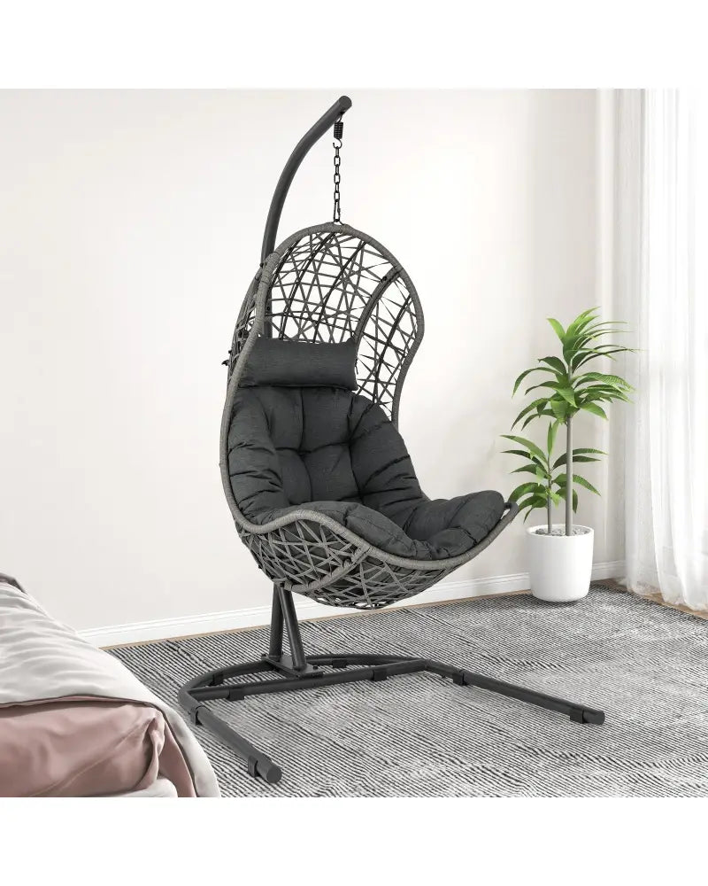Egg Chair with Stand PE Rattan Swing Hammock Chair with Pillow and Cushion-Gray - Gray - Hammocks