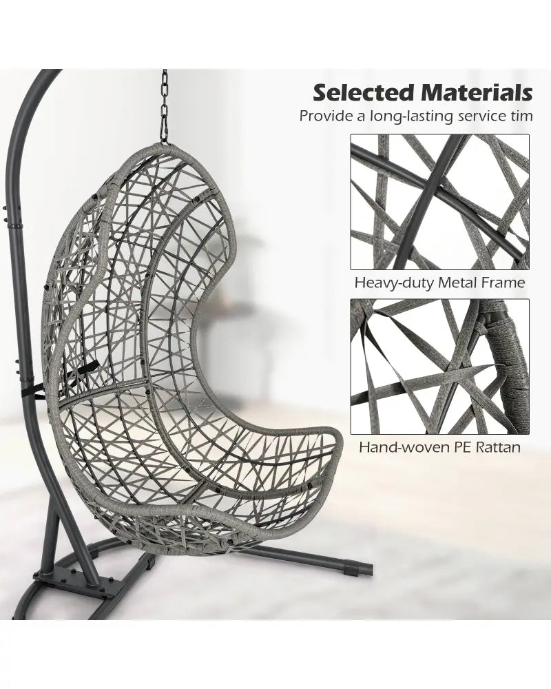 Egg Chair with Stand PE Rattan Swing Hammock Chair with Pillow and Cushion-Gray - Gray - Hammocks
