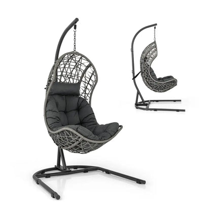 Egg Chair with Stand PE Rattan Swing Hammock Chair with Pillow and Cushion-Gray - Gray - Hammocks