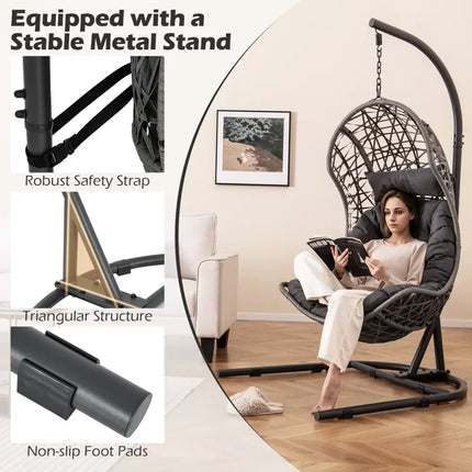 Egg Chair with Stand PE Rattan Swing Hammock Chair with Pillow and Cushion-Gray - Gray - Hammocks