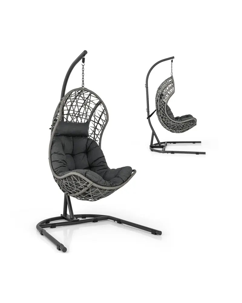Egg Chair with Stand PE Rattan Swing Hammock Chair with Pillow and Cushion-Gray - Gray - Hammocks