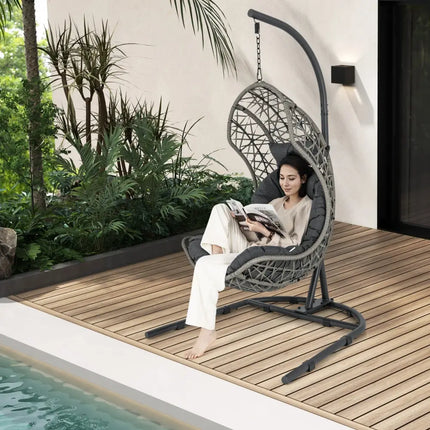 Egg Chair with Stand PE Rattan Swing Hammock Chair with Pillow and Cushion-Gray - Gray - Hammocks