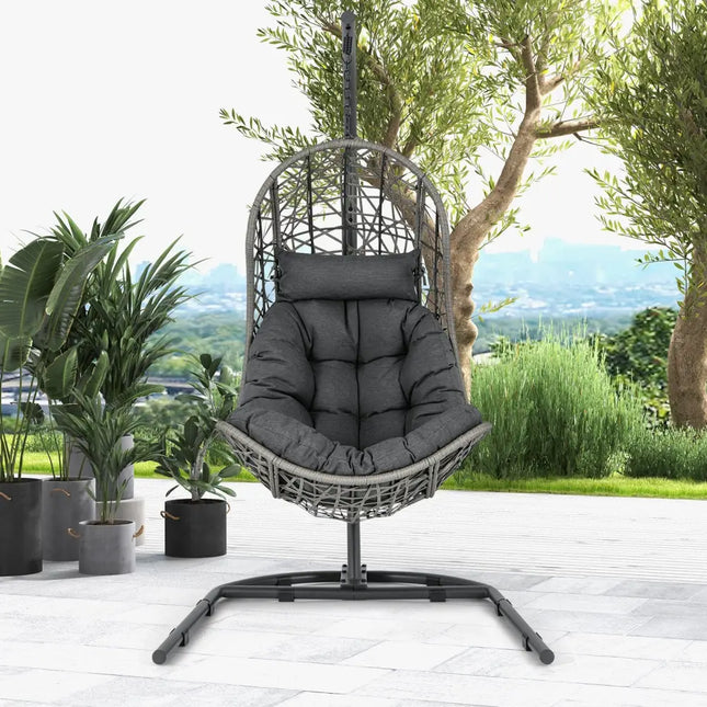Egg Chair with Stand PE Rattan Swing Hammock Chair with Pillow and Cushion-Gray - Gray - Hammocks