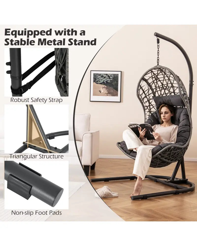 Egg Chair with Stand PE Rattan Swing Hammock Chair with Pillow and Cushion-Gray - Gray - Hammocks