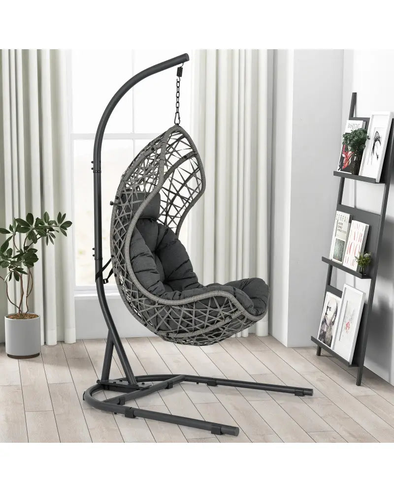 Egg Chair with Stand PE Rattan Swing Hammock Chair with Pillow and Cushion-Gray - Gray - Hammocks