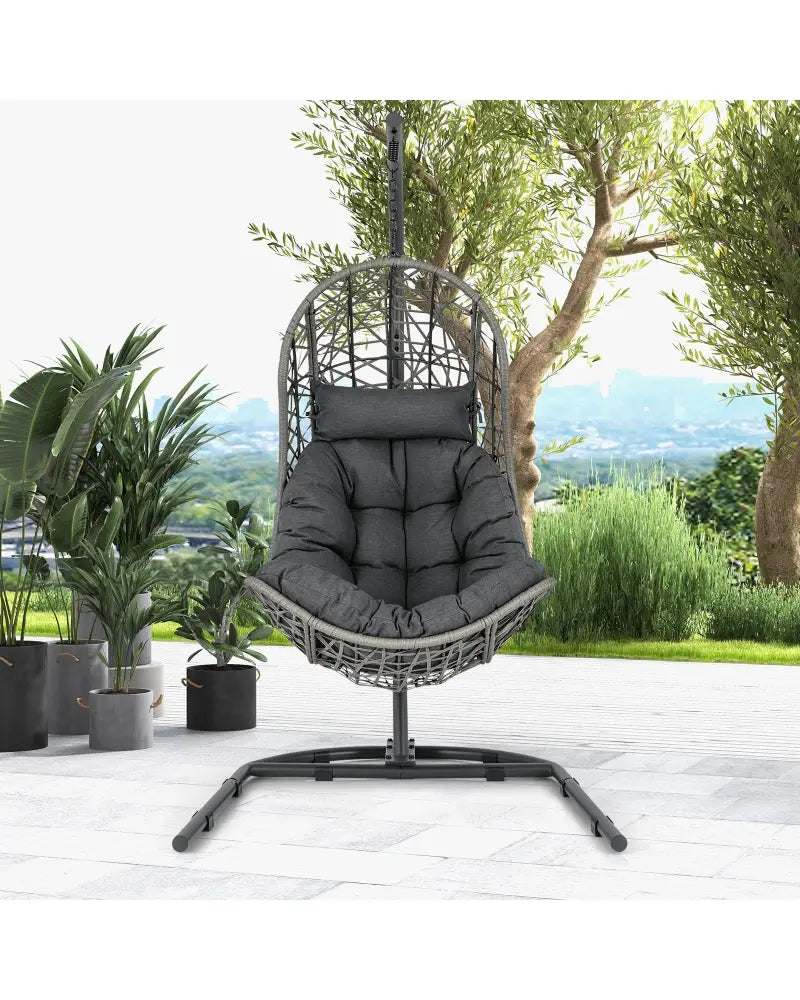 Egg Chair with Stand PE Rattan Swing Hammock Chair with Pillow and Cushion-Gray - Gray - Hammocks