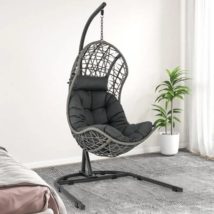 Egg Chair with Stand PE Rattan Swing Hammock Chair with Pillow and Cushion-Gray - Gray - Hammocks