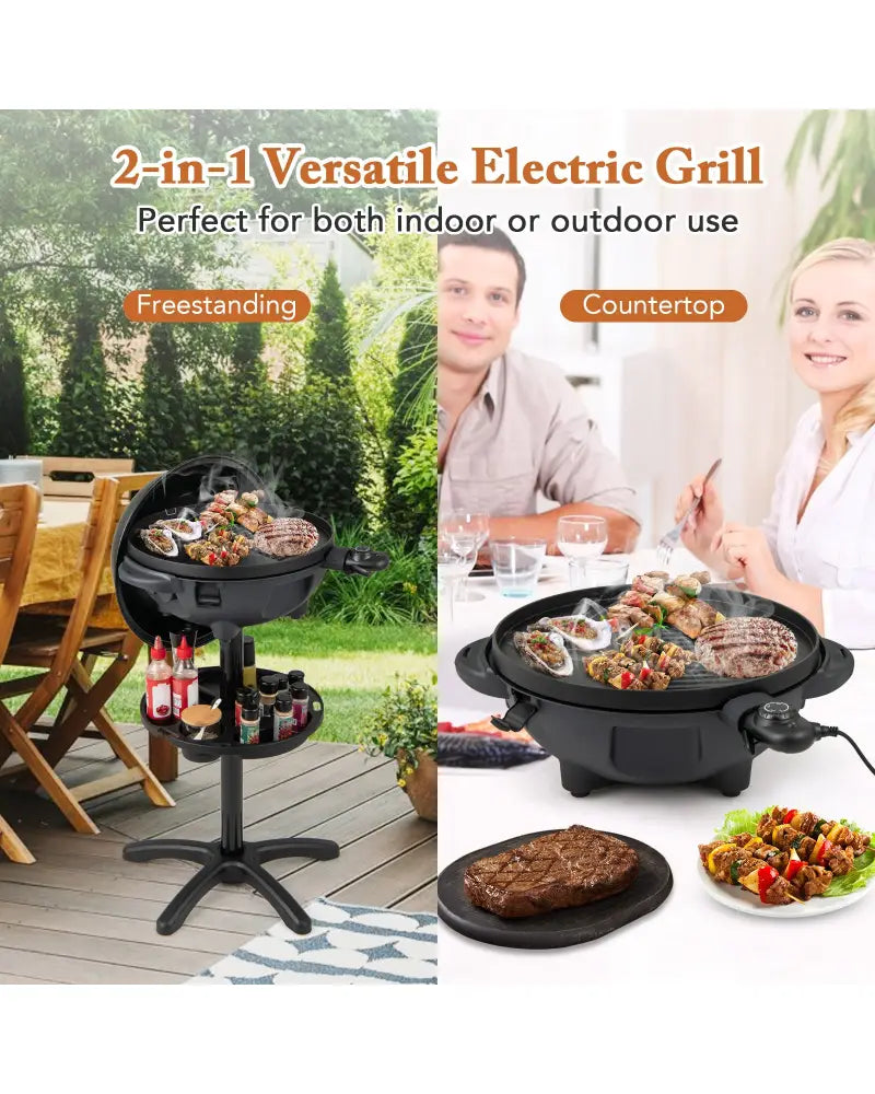 Electric BBQ Grill 1200W Indoor Outdoor Grill with 2-Zone Non-Stick Grilling Plate-Black - Black - Outdoor Grills