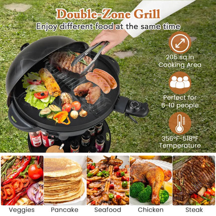 Electric BBQ Grill 1200W Indoor Outdoor Grill with 2-Zone Non-Stick Grilling Plate-Black - Black - Outdoor Grills