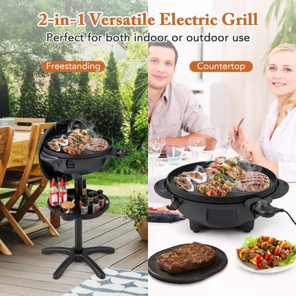 Electric BBQ Grill 1200W Indoor Outdoor Grill with 2-Zone Non-Stick Grilling Plate-Black - Black - Outdoor Grills