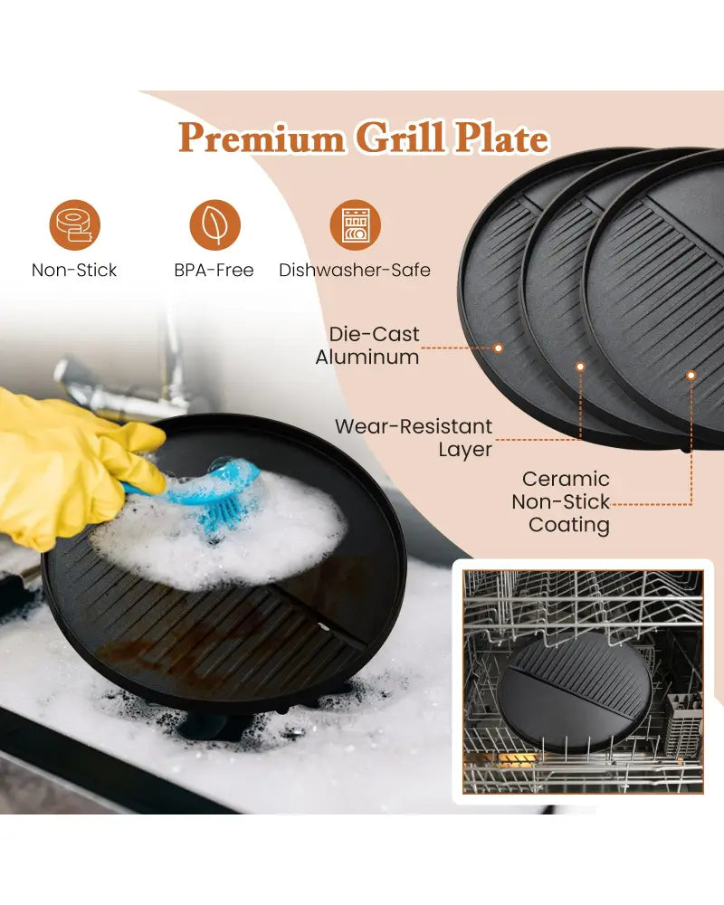 Electric BBQ Grill 1200W Indoor Outdoor Grill with 2-Zone Non-Stick Grilling Plate-Black - Black - Outdoor Grills