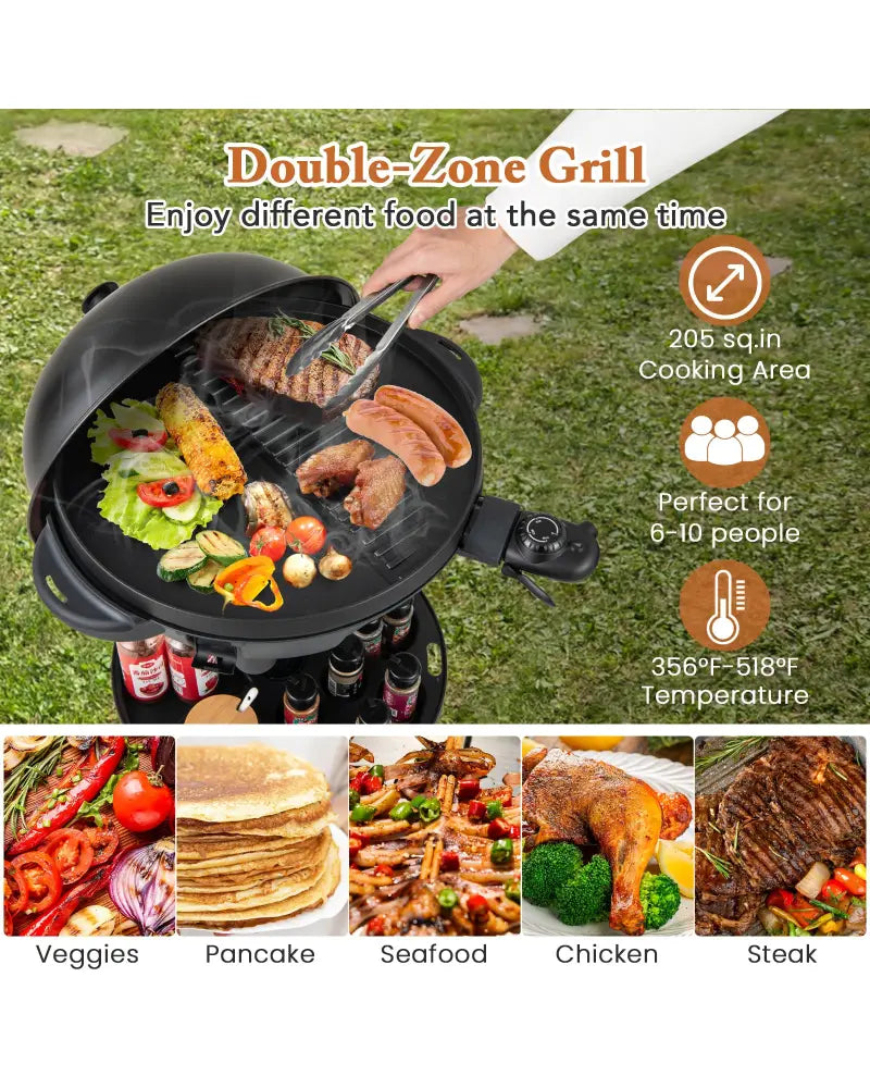 Electric BBQ Grill 1200W Indoor Outdoor Grill with 2-Zone Non-Stick Grilling Plate-Black - Black - Outdoor Grills