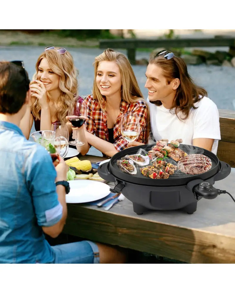 Electric BBQ Grill 1200W Indoor Outdoor Grill with 2-Zone Non-Stick Grilling Plate-Black - Black - Outdoor Grills