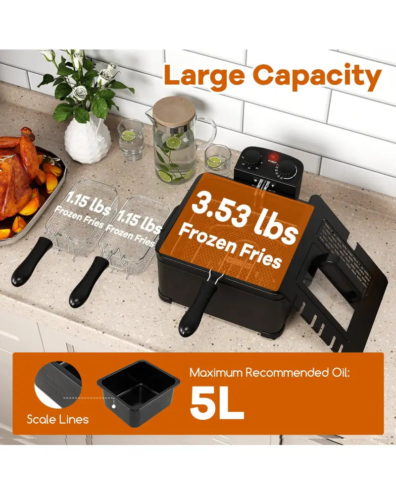 Electric Deep Fryer 5.3QT/21-Cup Stainless Steel 1700W with Triple Basket-Black - Black - Air Fryers