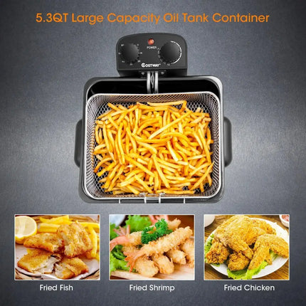 Electric Deep Fryer 5.3QT/21-Cup Stainless Steel 1700W with Triple Basket-Silver Costway