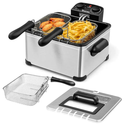 Electric Deep Fryer 5.3QT/21-Cup Stainless Steel 1700W with Triple Basket-Silver Costway