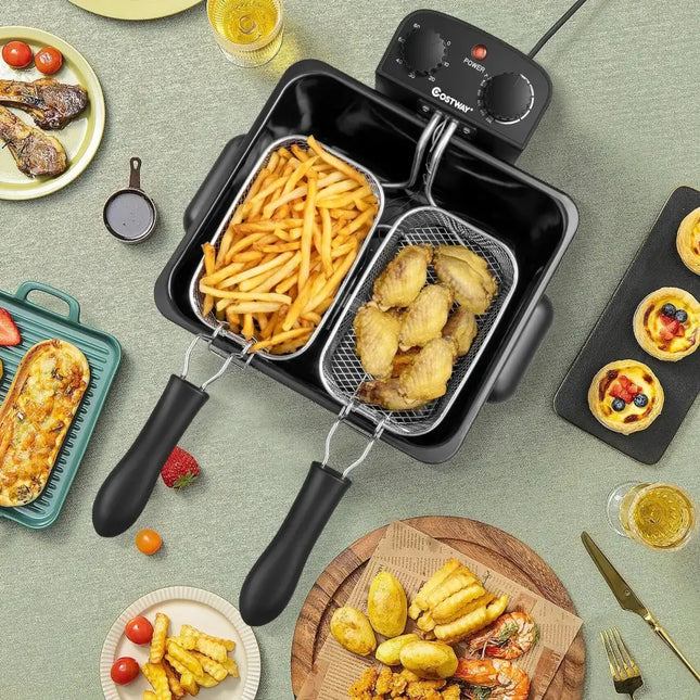 Electric Deep Fryer 5.3QT/21-Cup Stainless Steel 1700W with Triple Basket-Silver Costway