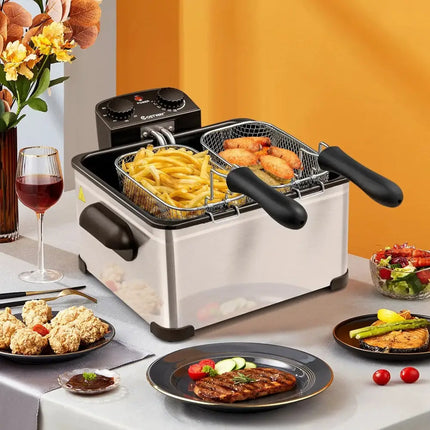 Electric Deep Fryer 5.3QT/21-Cup Stainless Steel 1700W with Triple Basket-Silver Costway