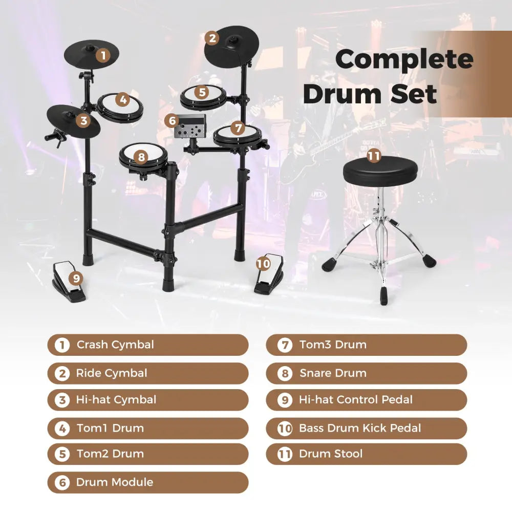 Electric Drum Set Foldable Drum Kit with 10 Demos and USB MIDI and 2 Drumsticks - Black - Drums & Percussion