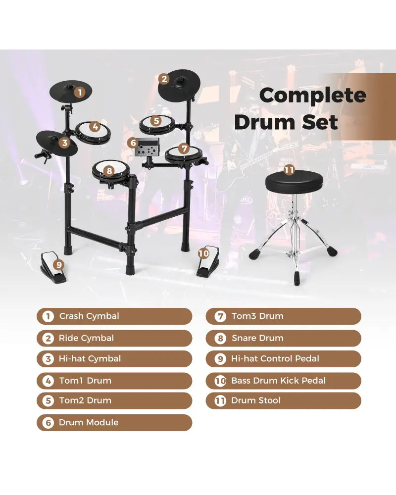 Electric Drum Set Foldable Drum Kit with 10 Demos and USB MIDI and 2 Drumsticks - Black - Drums & Percussion