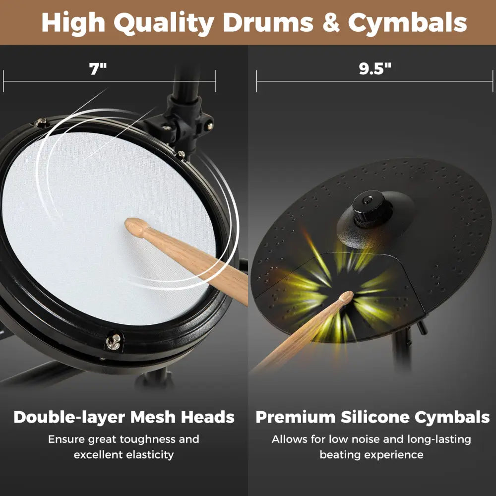 Electric Drum Set Foldable Drum Kit with 10 Demos and USB MIDI and 2 Drumsticks - Black - Drums & Percussion
