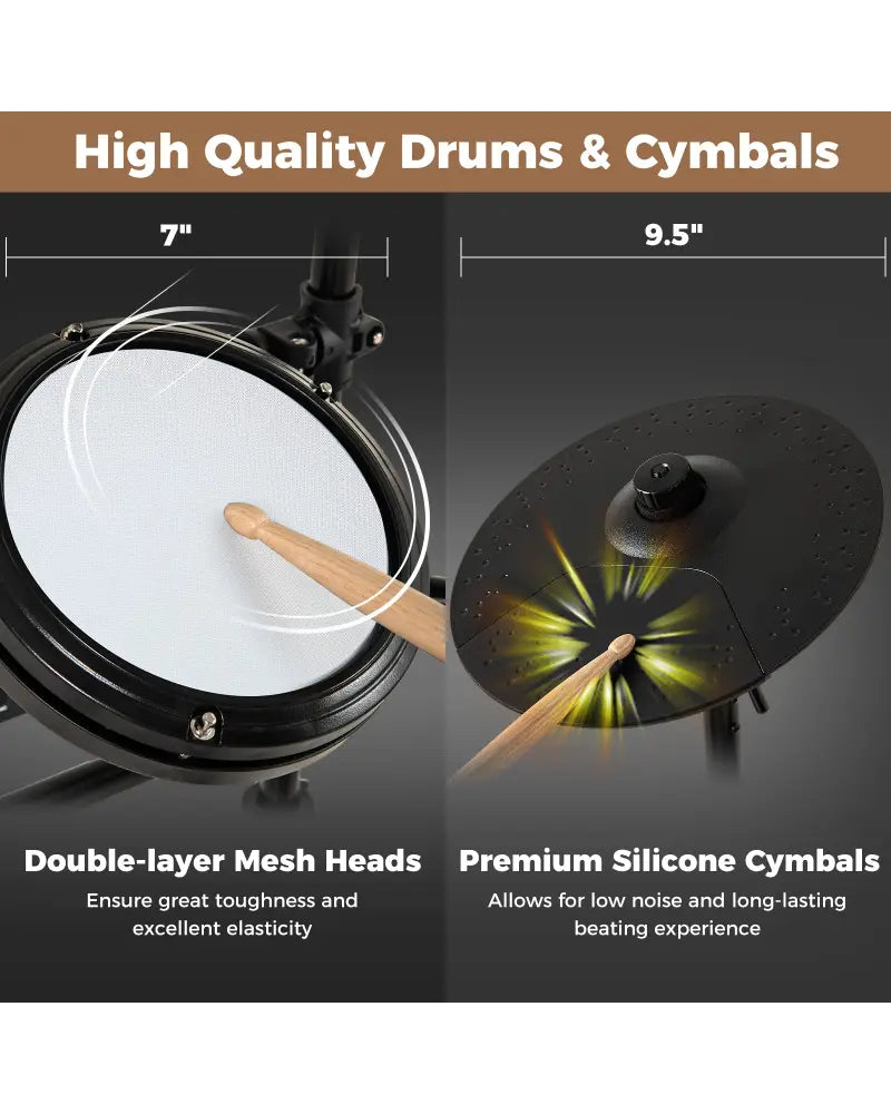 Electric Drum Set Foldable Drum Kit with 10 Demos and USB MIDI and 2 Drumsticks - Black - Drums & Percussion