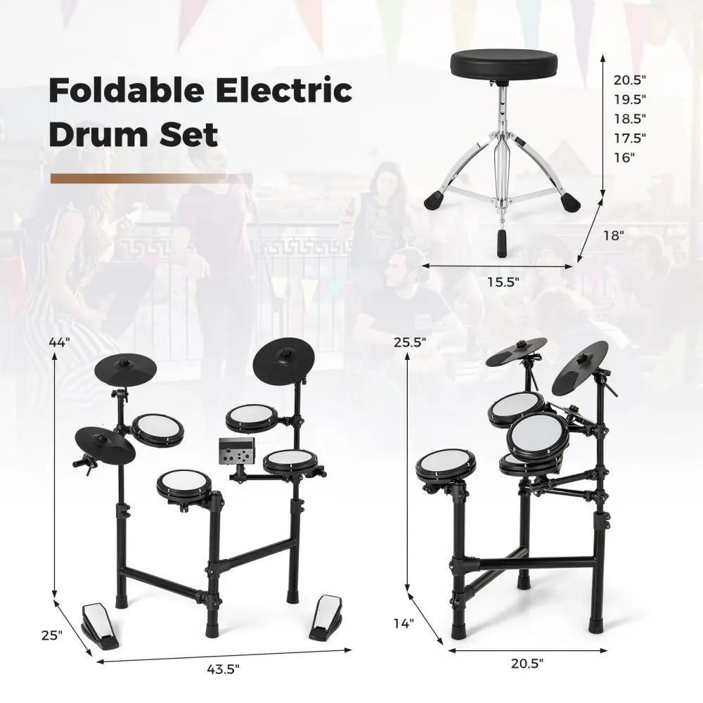 Electric Drum Set Foldable Drum Kit with 10 Demos and USB MIDI and 2 Drumsticks - Black - Drums & Percussion