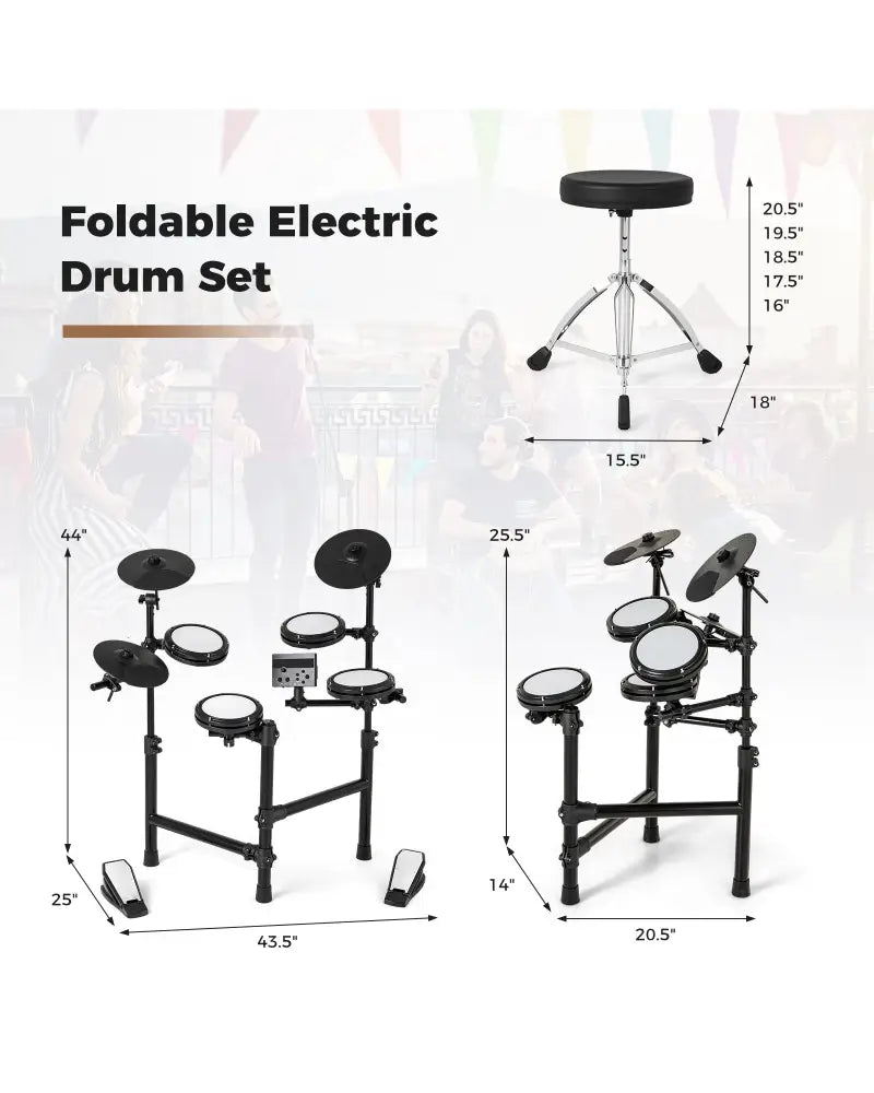 Electric Drum Set Foldable Drum Kit with 10 Demos and USB MIDI and 2 Drumsticks - Black - Drums & Percussion