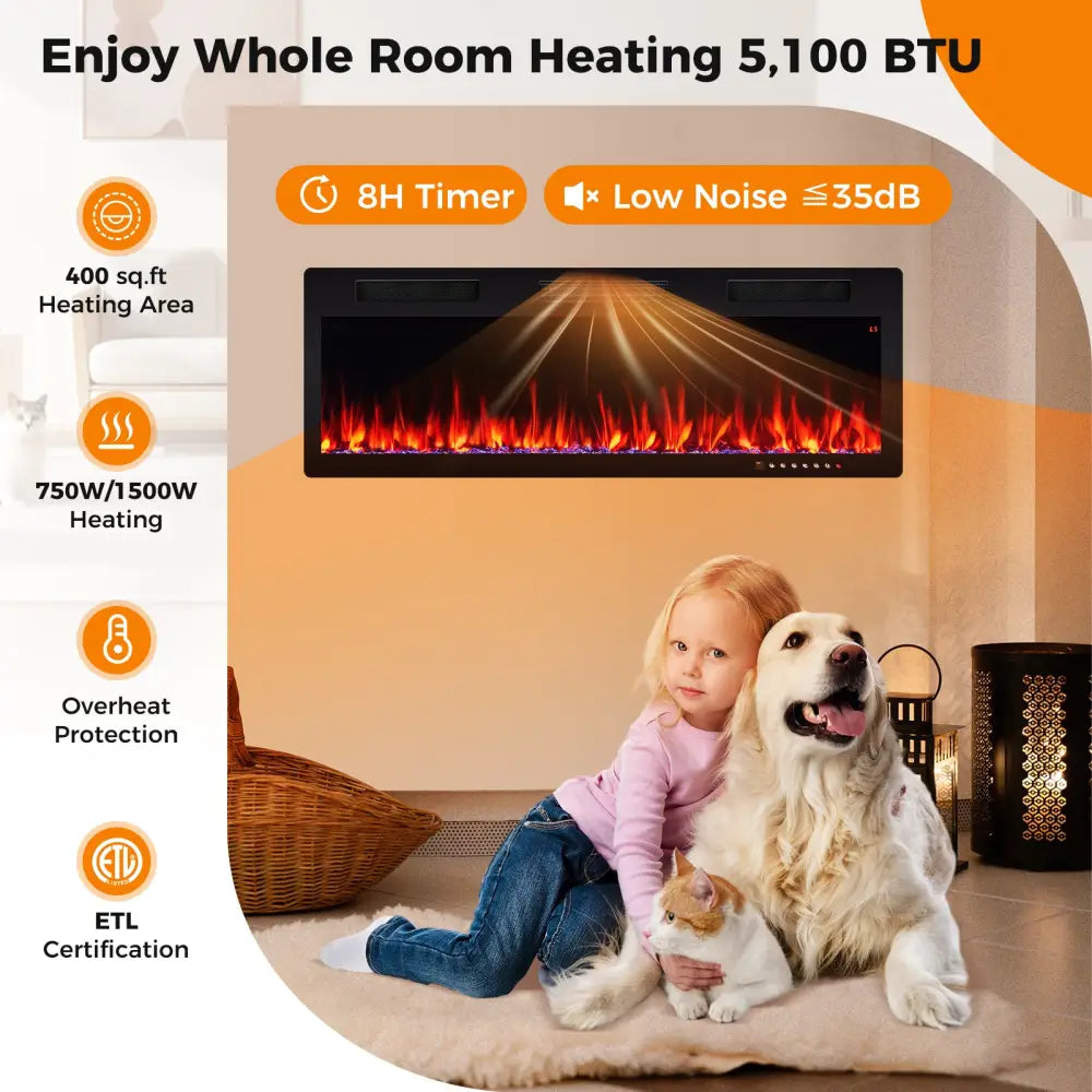 Electric Fireplace 40/50/60 Inches Recessed and Wall Mounted for 2’ x 6’ Stud-50 inches - Black - Fireplaces