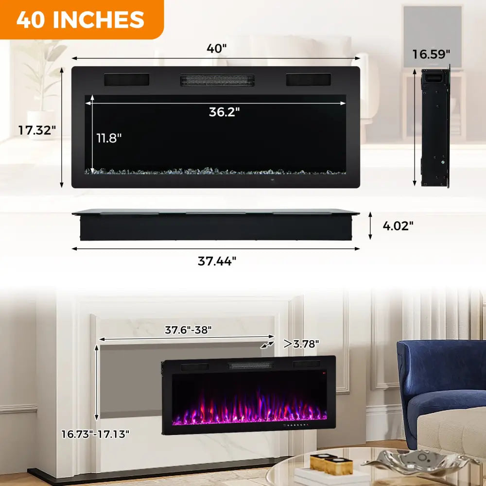 Electric Fireplace 40/50/60 Inches Recessed and Wall Mounted for 2’ x 6’ Stud-40 Inches - Black - Fireplaces
