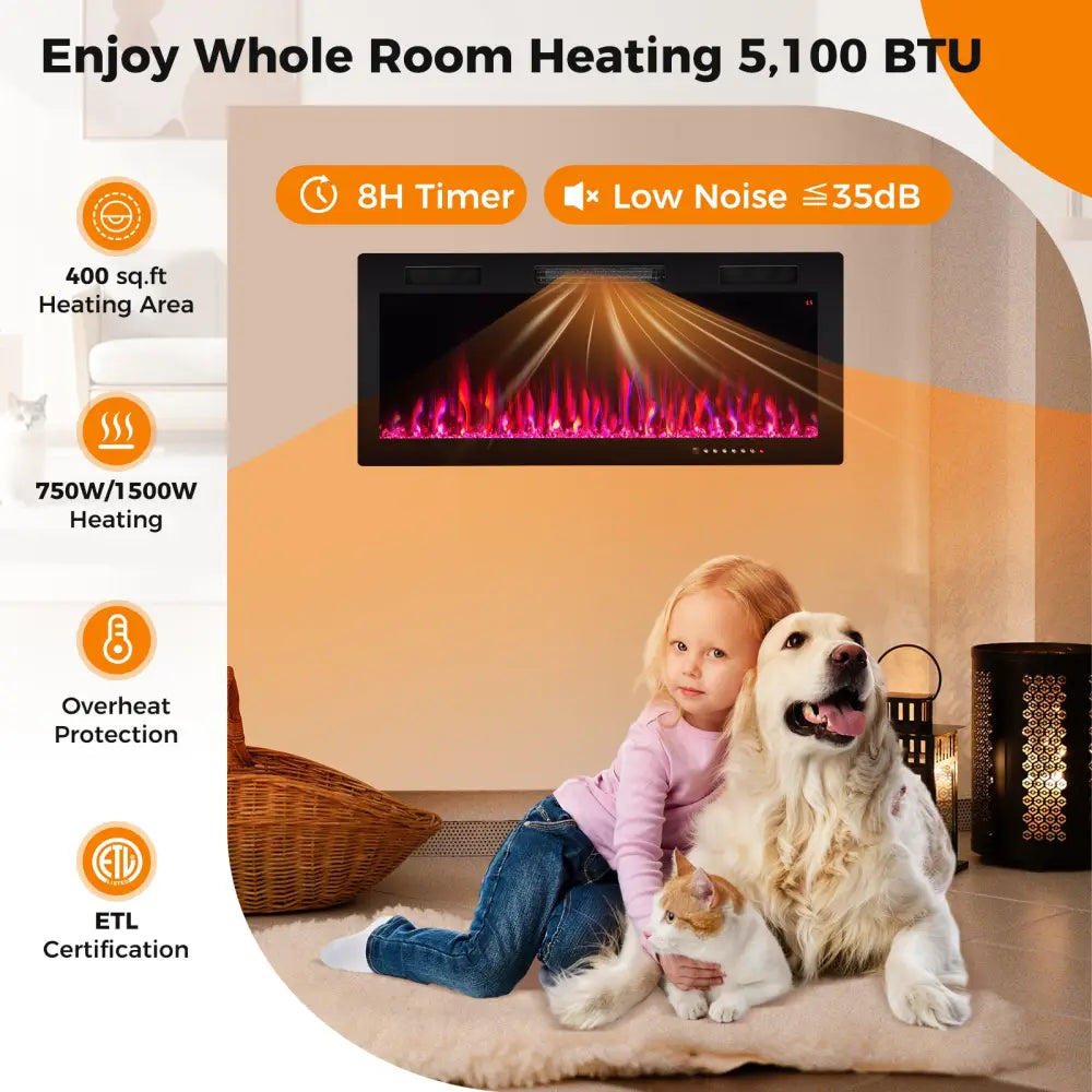 Electric Fireplace 40/50/60 Inches Recessed and Wall Mounted for 2’ x 6’ Stud-40 Inches - Black - Fireplaces