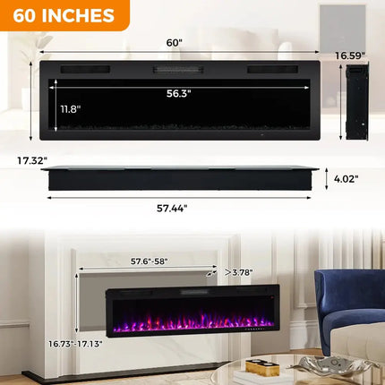 Electric Fireplace 40/50/60 Inches Recessed and Wall Mounted for 2' x 6' Stud-60 inches Costway