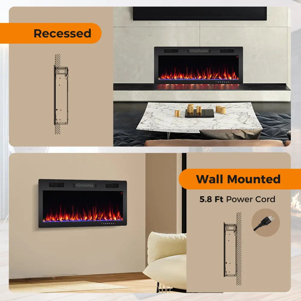 Electric Fireplace 40/50/60 Inches Recessed and Wall Mounted for 2’ x 6’ Stud-40 Inches - Black - Fireplaces