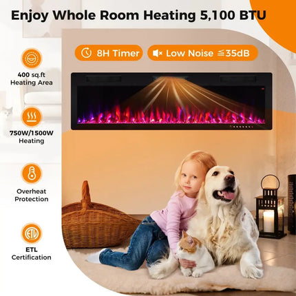 Electric Fireplace 40/50/60 Inches Recessed and Wall Mounted for 2' x 6' Stud-60 inches Costway