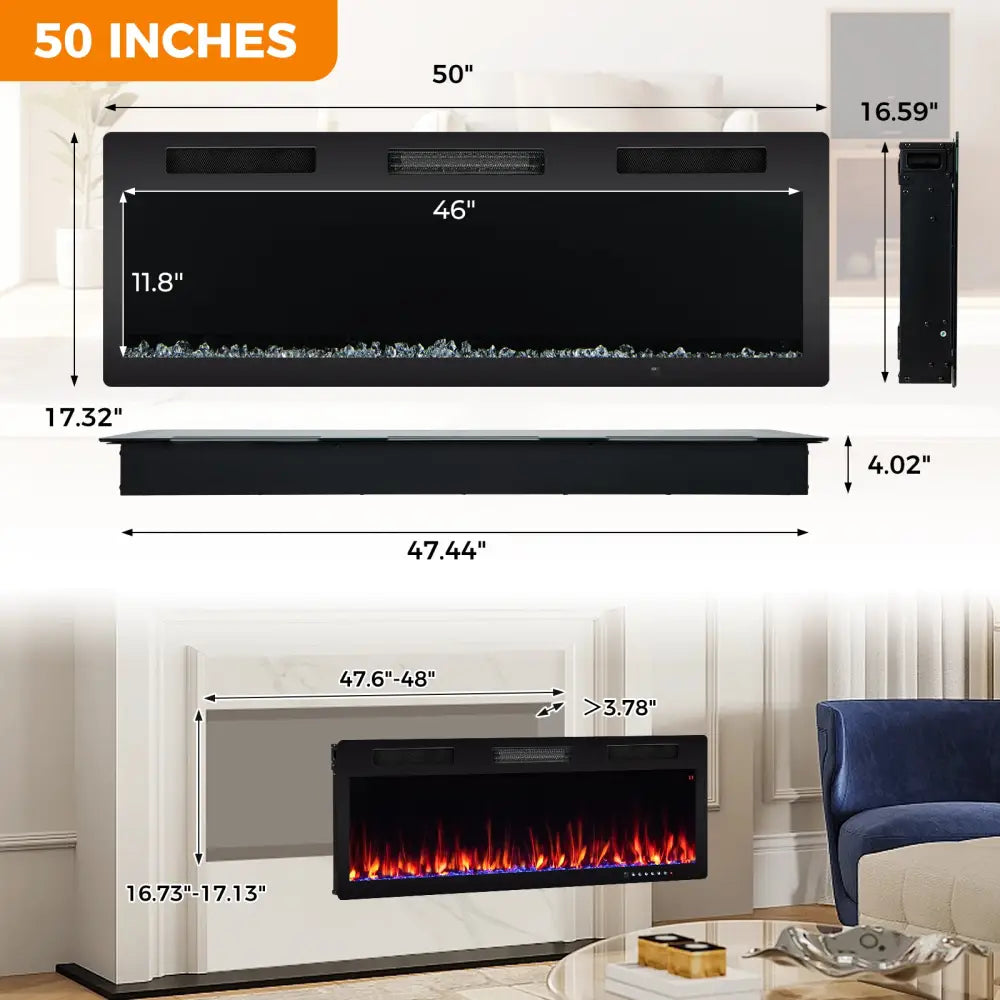 Electric Fireplace 40/50/60 Inches Recessed and Wall Mounted for 2’ x 6’ Stud-50 inches - Black - Fireplaces
