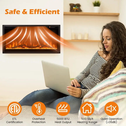 Electric Fireplace in-Wall Recessed with Remote Control and Adjustable Color and Brightness-36 inches Costway