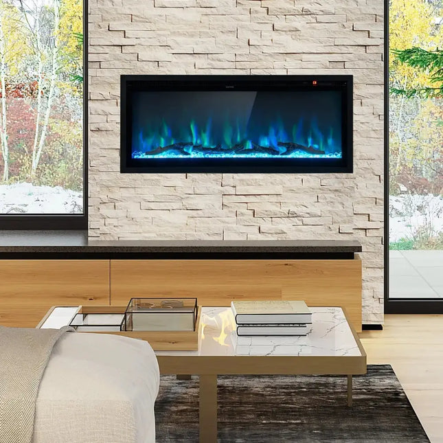 Electric Fireplace in-Wall Recessed with Remote Control and Adjustable Color and Brightness-42 inches Costway