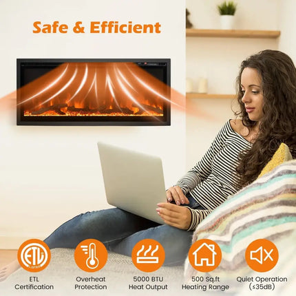 Electric Fireplace in-Wall Recessed with Remote Control and Adjustable Color and Brightness-42 inches Costway