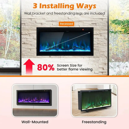 Electric Fireplace in-Wall Recessed with Remote Control and Adjustable Color and Brightness-36 inches Costway