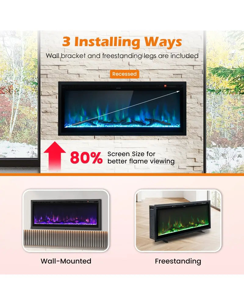 Electric Fireplace in-Wall Recessed with Remote Control and Adjustable Color and Brightness-42 inches - Black