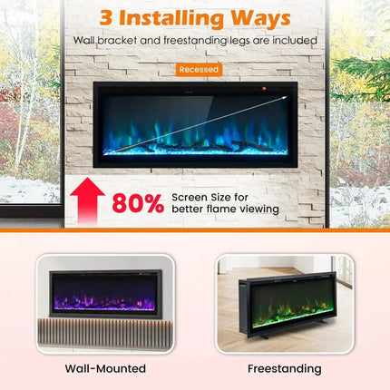 Electric Fireplace in-Wall Recessed with Remote Control and Adjustable Color and Brightness-42 inches Costway