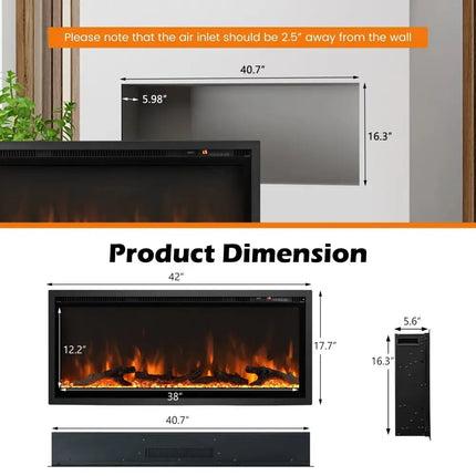 Electric Fireplace in-Wall Recessed with Remote Control and Adjustable Color and Brightness-42 inches Costway