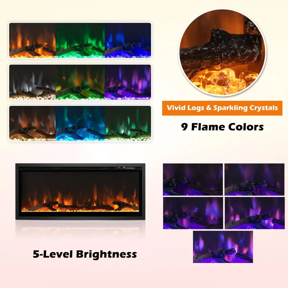 Electric Fireplace in-Wall Recessed with Remote Control and Adjustable Color and Brightness-42 inches - Black