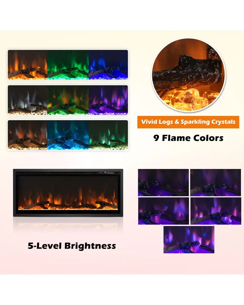 Electric Fireplace in-Wall Recessed with Remote Control and Adjustable Color and Brightness-42 inches - Black