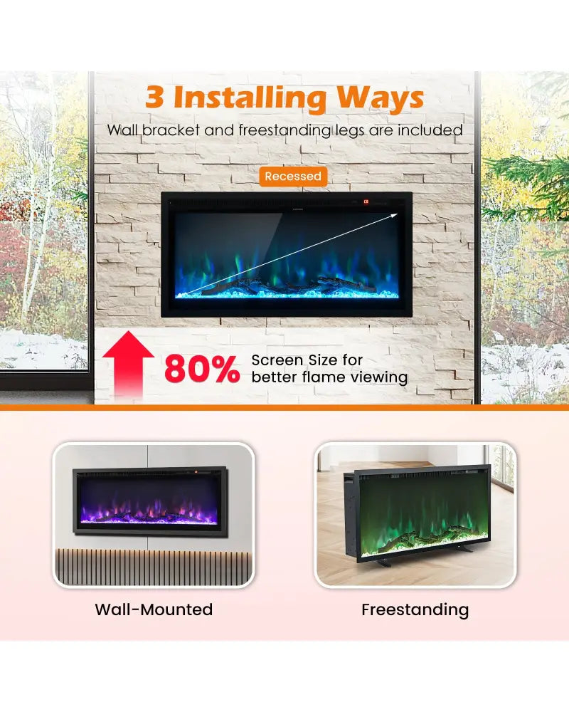 Electric Fireplace in-Wall Recessed with Remote Control and Adjustable Color and Brightness-36 inches - Black
