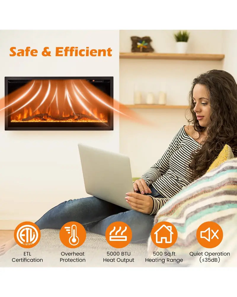 Electric Fireplace in-Wall Recessed with Remote Control and Adjustable Color and Brightness-36 inches - Black