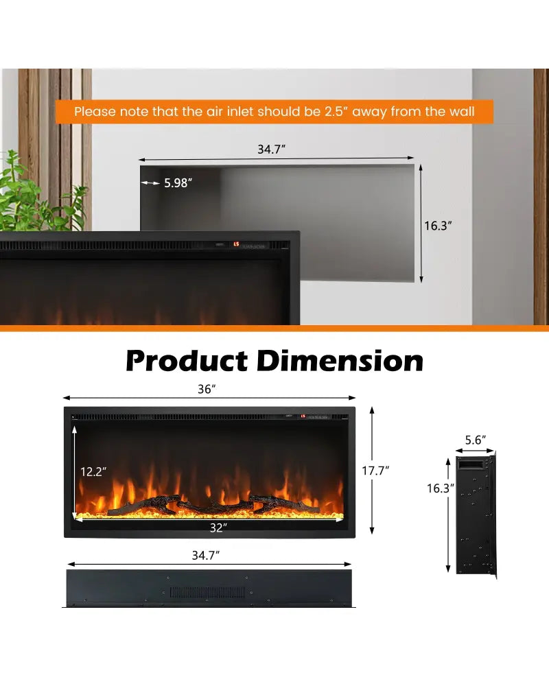 Electric Fireplace in-Wall Recessed with Remote Control and Adjustable Color and Brightness-36 inches - Black