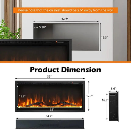 Electric Fireplace in-Wall Recessed with Remote Control and Adjustable Color and Brightness-36 inches Costway